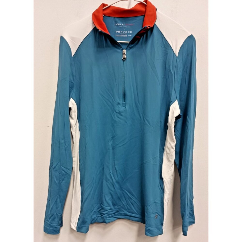 LOHLA Sport Womens Activewear Top Large Blue White 1/4 Zip Pullover Long Sleeve